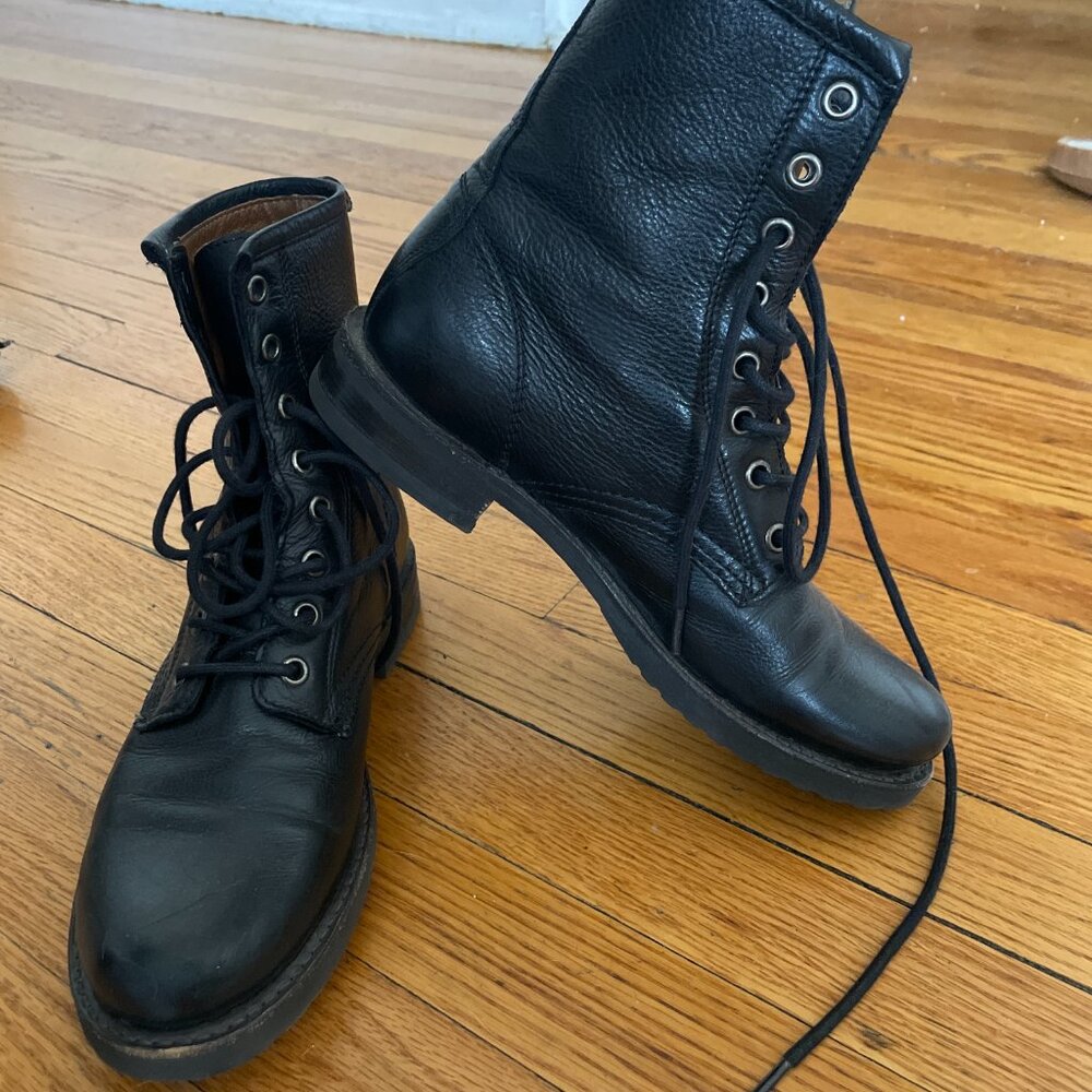 Frye Black Veronica Leather Lace-Up Combat Boots